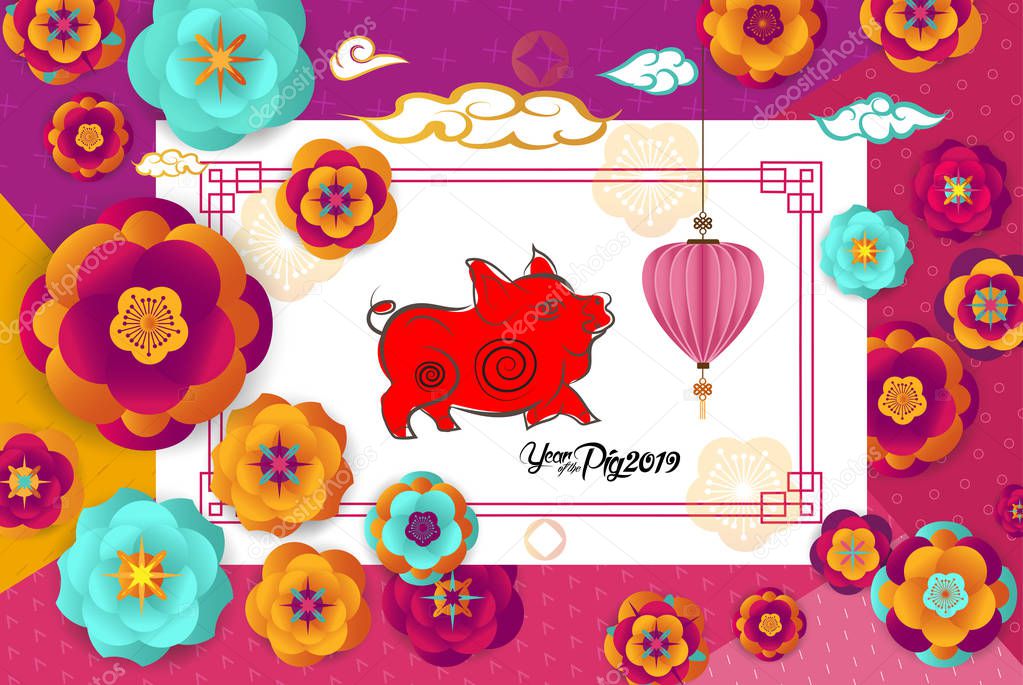2019 Chinese New Year Greeting Card with White Square Frame, Paper cut Origami Sakura Flowers and Clouds on Light Background