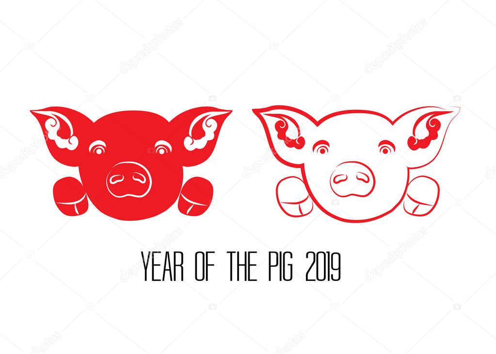 Red cut paper pig zodiac isolate on white background. Year of the pig