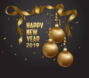 mutlu yeni yıl 2019 altın ve siyah collors yerleştirmek için metin Noel topları illüstrasyon vektör 