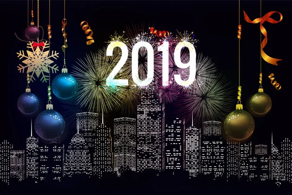 Ευτυχισμένο Νέο Έτος 2019 Φόντο Χρυσό Κουφέτο Χριστούγεννα Και Πυροτεχνήματα — Διανυσματικό Αρχείο