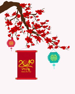 Domuz ile geleneksel Çin Kaizhi yıl. Kiraz çiçeği arka plan