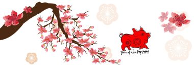 Banner mutlu yeni yıl 2019 tebrik kartı ve Çin yeni yılı domuz, kiraz çiçeği arka plan ayarlamak