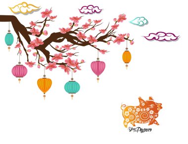 Çin yeni yıl tebrik kartı çiçek açan Sakura dalları ile. 2019 yılı Çin takvimine içinde domuz