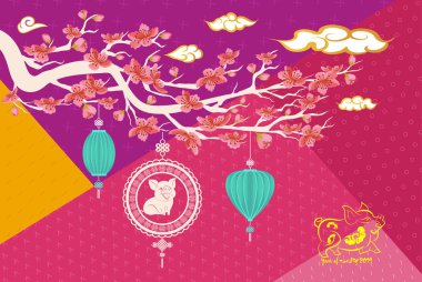 2019 Çin tebrik kartı kiraz çiçeği çiçek geometrik arka plan ile. Zodyak domuz, mutlu yeni yıl 