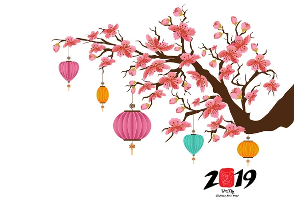 2019 Çin yeni yılı davetiye tasarım. Kiraz çiçeği ve domuz