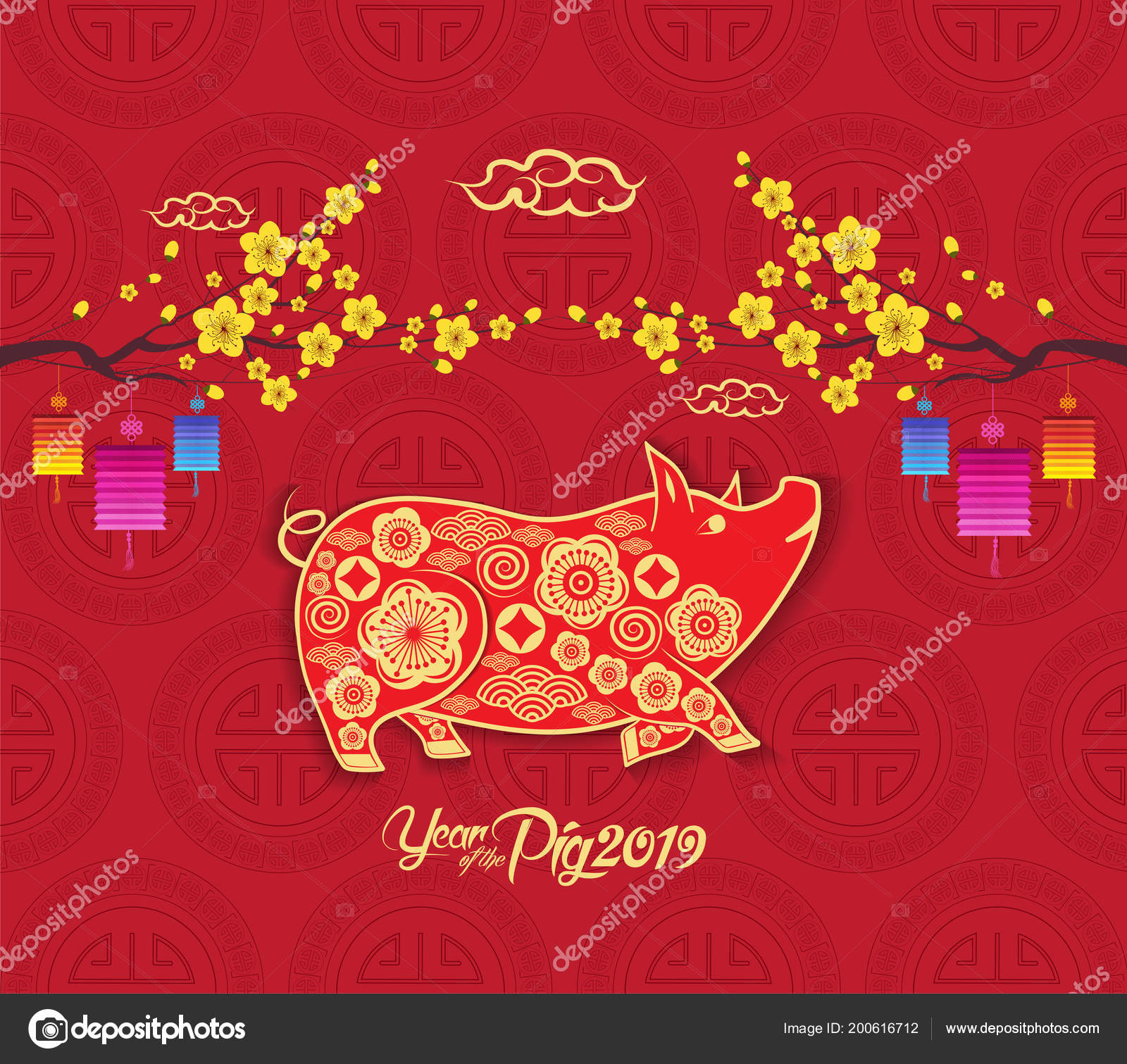 Happy Chinese New Year 2019 Year Pig Paper Cut Style Happy Chinese New Year 2019 Year Pig Paper Cut Style