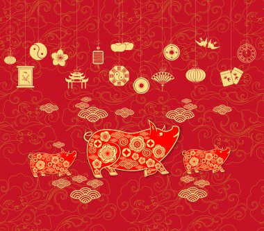 Oryantal mutlu Çin yeni yıl 2019. Domuz tasarım yılı