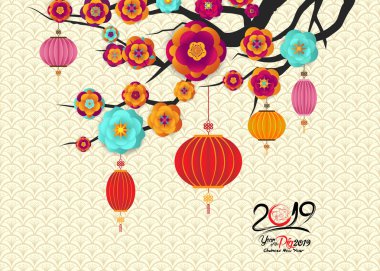 Mutlu Çin Yeni Yılı 2019 Zodiac tabelası. Altın kağıtla kesilmiş sanat ve zanaat stili.