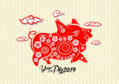 Mutlu Çin Yeni Yılı 2019 Zodiac tabelası. Altın kağıtla kesilmiş sanat ve zanaat stili.