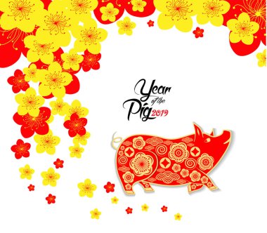 Mutlu Çin Yeni Yılı 2019 Zodiac tabelası. Altın kağıtla kesilmiş sanat ve zanaat stili.