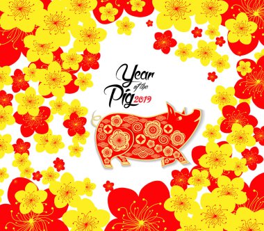 Mutlu Çin Yeni Yılı 2019 Zodiac tabelası. Altın kağıtla kesilmiş sanat ve zanaat stili.