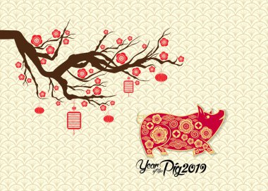 Mutlu çene yeni yıl 2019 burç kiraz çiçeği arka plan ile. Domuz yılı 