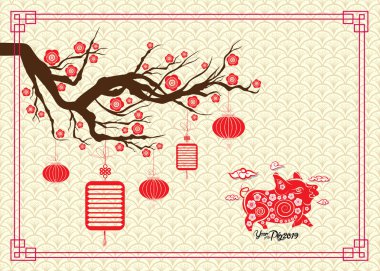 Mutlu çene yeni yıl 2019 burç kiraz çiçeği arka plan ile. Domuz yılı 