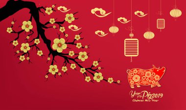 Mutlu çene yeni yıl 2019 yıl domuz kağıt stil kesim. Burç tebrik kartı, el ilanları, davet, afiş, broşür, afiş, takvim için