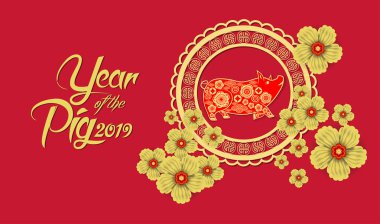 Mutlu çene yeni yıl 2019 yıl domuz kağıt stil kesim. Burç tebrik kartı, el ilanları, davet, afiş, broşür, afiş, takvim için