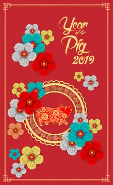 Mutlu çene yeni yıl 2019 yıl domuz kağıt stil kesim. Burç tebrik kartı, el ilanları, davet, afiş, broşür, afiş, takvim için