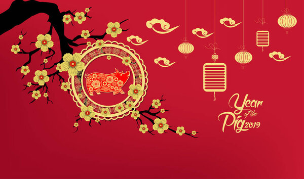 Happy Chinese New Year 2019 year of the pig paper cut style. Zodiac sign for greetings card, flyers, invitation, posters, brochure, banners, calendar