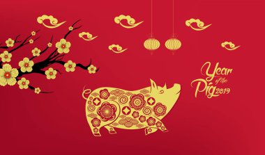 Mutlu çene yeni yıl 2019 yıl domuz kağıt stil kesim. Burç tebrik kartı, el ilanları, davet, afiş, broşür, afiş, takvim için