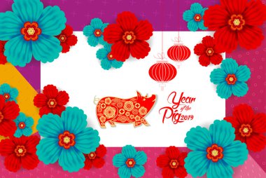 2019 Çin yeni yıl kağıt kesme yıl domuz vektör tasarım tebrik kartı, el ilanları, davet, afiş, broşür, afiş, takvim