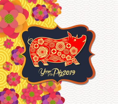 Mutlu Çin Yeni Yılı 2019 Zodiac tabelası. Altın kağıtla kesilmiş sanat ve zanaat stili.