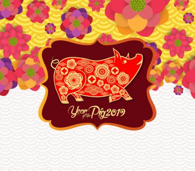 Mutlu Çin Yeni Yılı 2019 Zodiac tabelası. Altın kağıtla kesilmiş sanat ve zanaat stili.