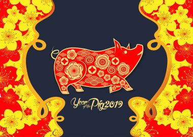 Mutlu Çin Yeni Yılı 2019 Zodiac tabelası. Altın kağıtla kesilmiş sanat ve zanaat stili.