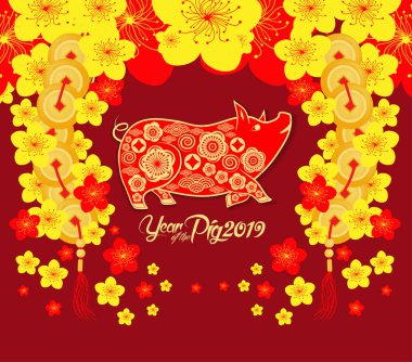 Mutlu Çin Yeni Yılı 2019 Zodiac tabelası. Altın kağıtla kesilmiş sanat ve zanaat stili.