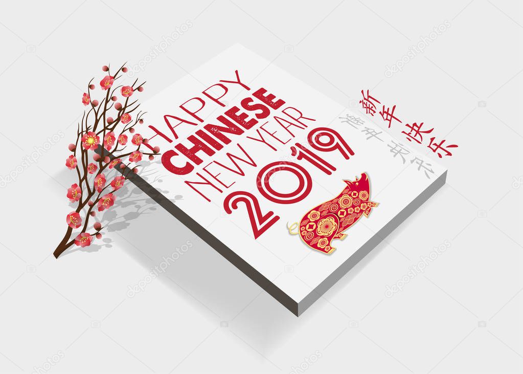 Creative chinese new year book. Year of the pig. Chinese characters mean Happy New Year 