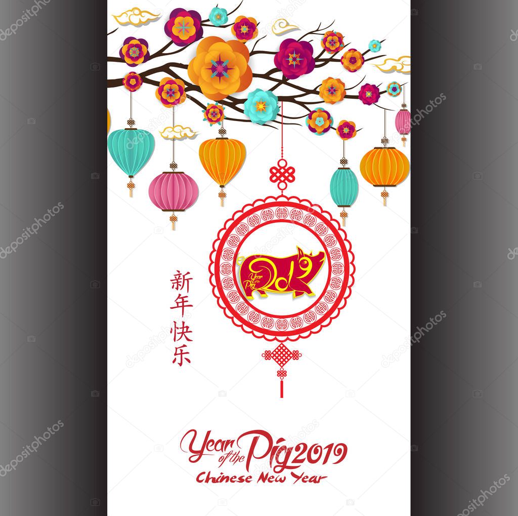 Creative chinese new year 2019. Year of the pig. Chinese characters mean Happy New Year 