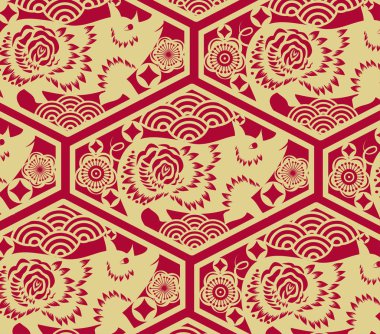 Çin yeni yılı - 2019 metin ve domuz zodyak ve çiçek. Çince karakterler mutlu yıllar demek