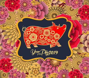 Mutlu çene yeni yıl 2019 burç altın kağıt ile sanat ve el sanatları tarzı renk arka plan kes. Çince karakterler mutlu yıllar demek