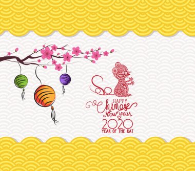  Oriental Happy Çin Yeni Yılı 2020 Çiçek Çiçek Tasarım. Fare Yılı