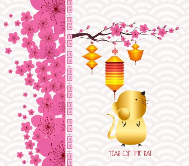 Çin Yeni Yılı 2020 tasarım. Geleneksel Çin arka planda erik çiçeği ile Sıçan.