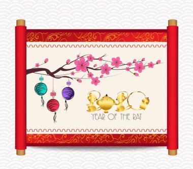 Çin Yeni Yılı 2020 tasarım. Geleneksel Çin arka planda erik çiçeği ile Sıçan.