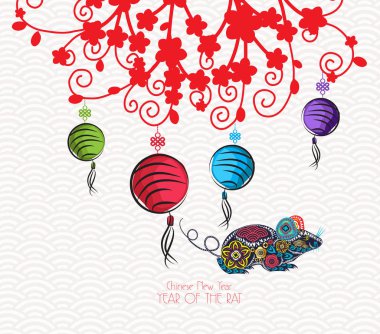 Çin Yeni Yılı 2020 tasarım. Geleneksel Çin arka planda erik çiçeği ile Sıçan.