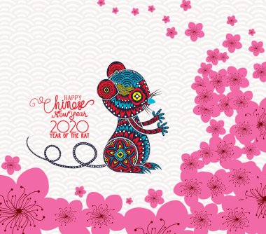 Çin Yeni Yılı 2020 tasarım. Geleneksel Çin arka planda erik çiçeği ile Sıçan.