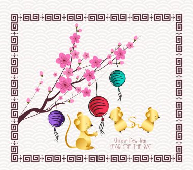 Çin Yeni Yılı 2020 tasarım. Geleneksel Çin arka planda erik çiçeği ile Sıçan.