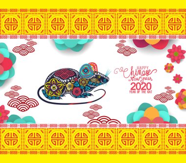 kağıt kesilmiş sıçan çiçeklenme ile 2020 çin yeni yıl tebrik kartı