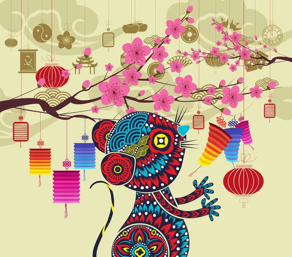 Oriental Happy Çin Yeni Yıl Rat 2020 çiçek. Çin baclgr — Stok Vektör