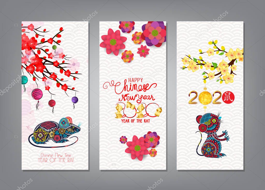 Vertical Hand Drawn Banners Set with Chinese New Year