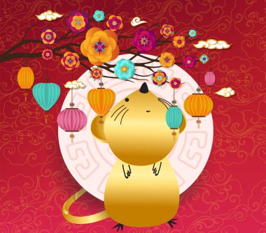 Oryantal Çin Yeni Yılı 2020 çiçek ve fener arka plan. Y