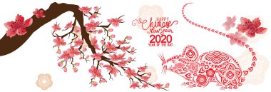 Mutlu Çin Yeni Yılı 2020 sıçan yılı. Çince karakterler Mutlu Yeni Yıl demek, zengin, tebrik kartı için Zodyak işareti, el ilanları, davetiye, posterler, broşür, afiş, takvim. 