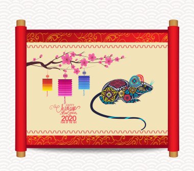 Mutlu Çin Yeni Yılı 2020 sıçan yılı. Çince karakterler Mutlu Yeni Yıl demek, zengin, tebrik kartı için Zodyak işareti, el ilanları, davetiye, posterler, broşür, afiş, takvim. 