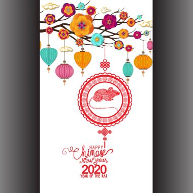 Mutlu Çin Yeni Yılı 2020 sıçan yılı. Çince karakterler Mutlu Yeni Yıl demek, zengin, tebrik kartı için Zodyak işareti, el ilanları, davetiye, posterler, broşür, afiş, takvim. 