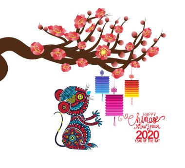 Mutlu Çin Yeni Yılı 2020 sıçan yılı. Çince karakterler Mutlu Yeni Yıl demek, zengin, tebrik kartı için Zodyak işareti, el ilanları, davetiye, posterler, broşür, afiş, takvim. 