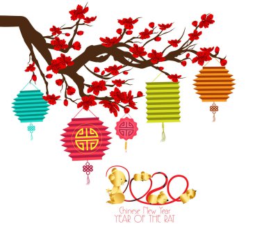 Mutlu Çin Yeni Yılı 2020 sıçan yılı. Çince karakterler Mutlu Yeni Yıl demek, zengin, tebrik kartı için Zodyak işareti, el ilanları, davetiye, posterler, broşür, afiş, takvim. 