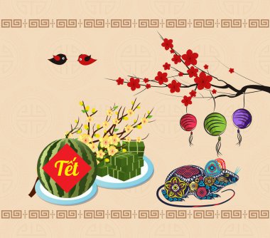 Pişmiş kare yapışkan pirinç kek ve çiçek, Vietnam yeni ye