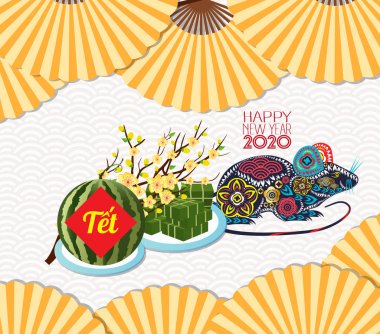 Kare yapışkan pirinç keki ve çiçeği, Vietnamca yeni yıl pişmiş. Çeviri Tet ay yeni yıl