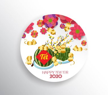 Kare yapışkan pirinç keki ve çiçeği, Vietnamca yeni yıl pişmiş. Çeviri Tet ay yeni yıl