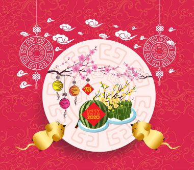 Pişmiş kare yapışkan pirinç kek ve çiçek, Vietnam yeni ye